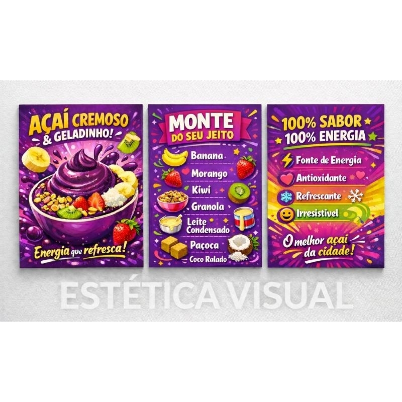 Quadro decorativo para sorveteira e lanchonetes Açaí 3 peças 60×40
