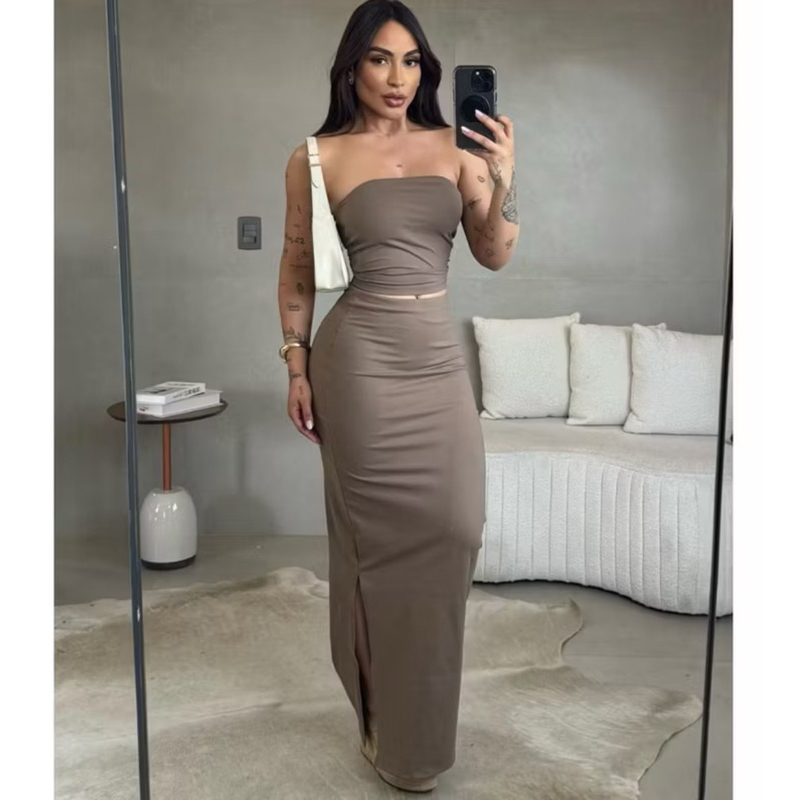 Conjunto Cropped Tomara Que Caia + Saia Midi Fenda Tube Top