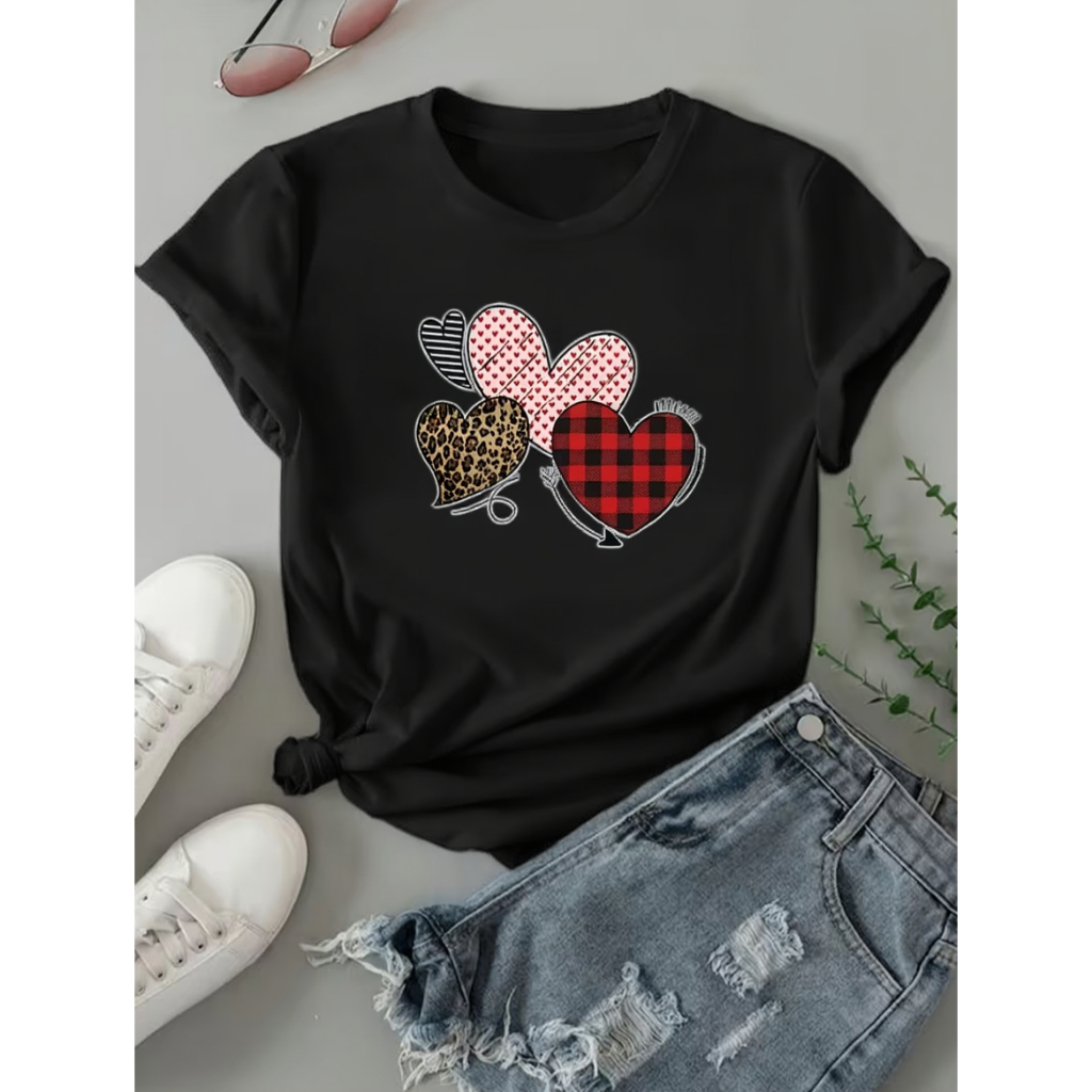 Camiseta Feminina Corações Oncinha Xadrez Algodão Amor Casual Blusa Tendência
