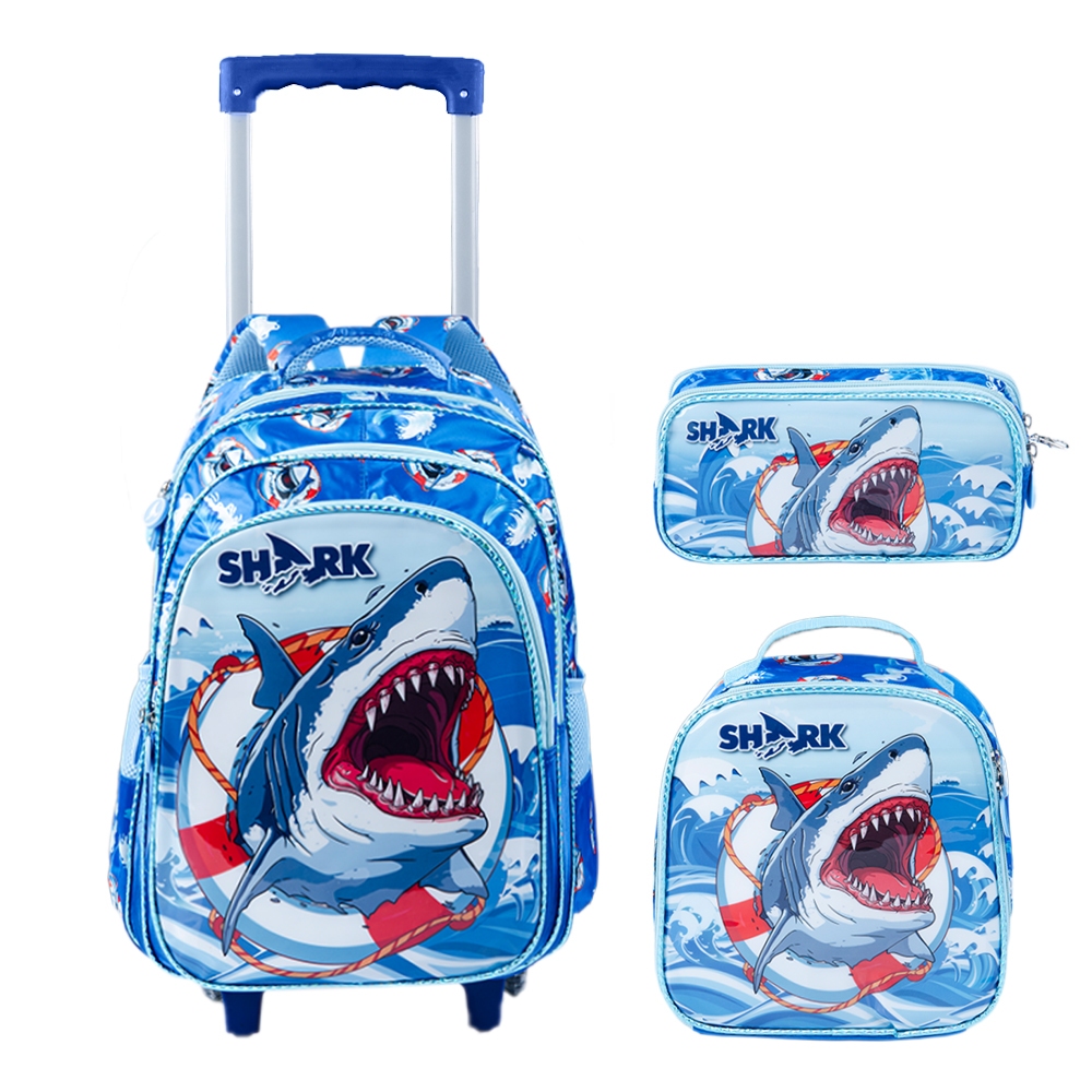 Kit Mochila Escolar Infantil de Rodinhas Menino Bolsa Resistente Impermeável Com Lancheira e Estojo KMA9719BT-KIT-3