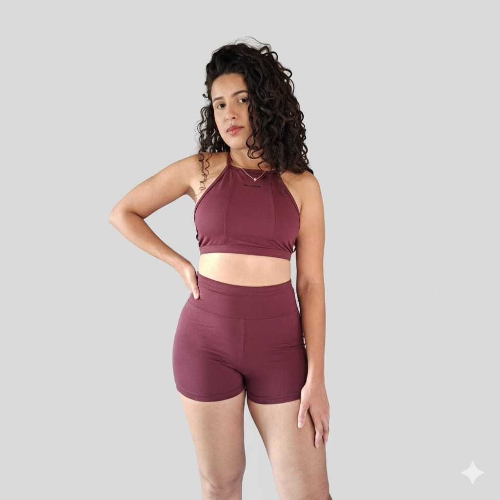 Conjunto Fitness Feminino Top Cruzado nas Costas + Short Cintura Alta – Treino / Academia