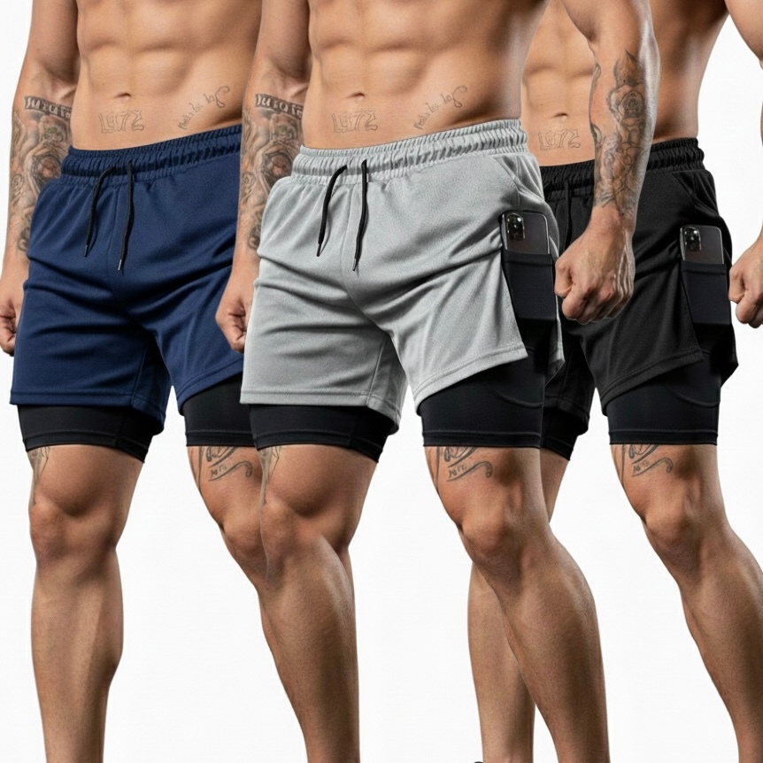 Kit 3 Bermudas 2 em 1 Masculinas Esportivas Shorts Para Academia e Corrida com Bolso Para Celular em Oferta na Shopee