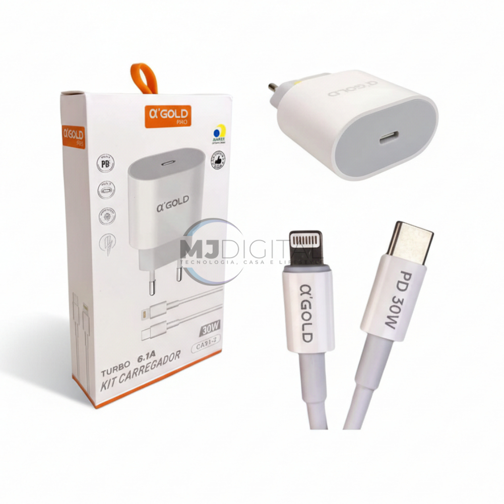 Kit Carregador iphone Completo Turbo A Gold 6.1A 30w IPhone 8 Plus X Xr 11 12 13 14 Pro Max USB (iOS)