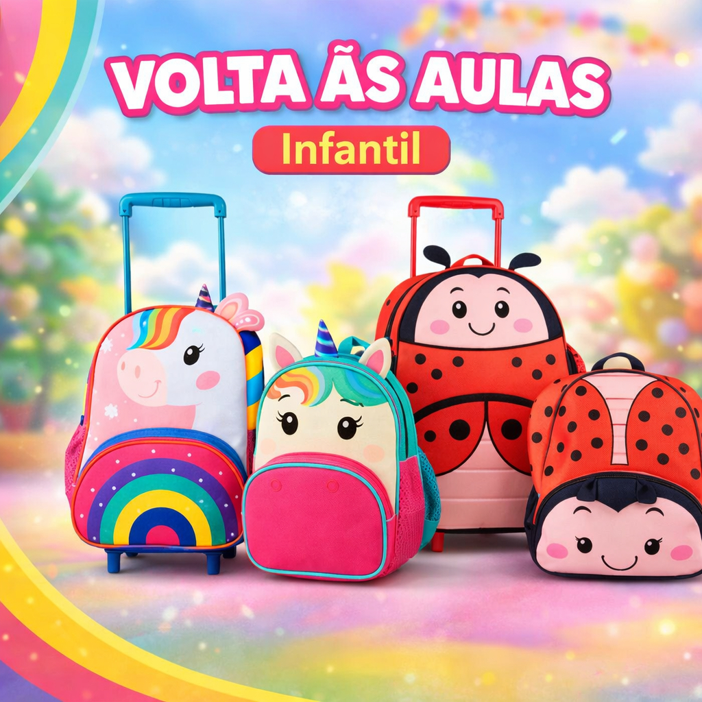 Mochila Infantil Escolar Com Rodinhas de Costa Unicornio Joaninha Rosa Pre escola Lancheira Térmica