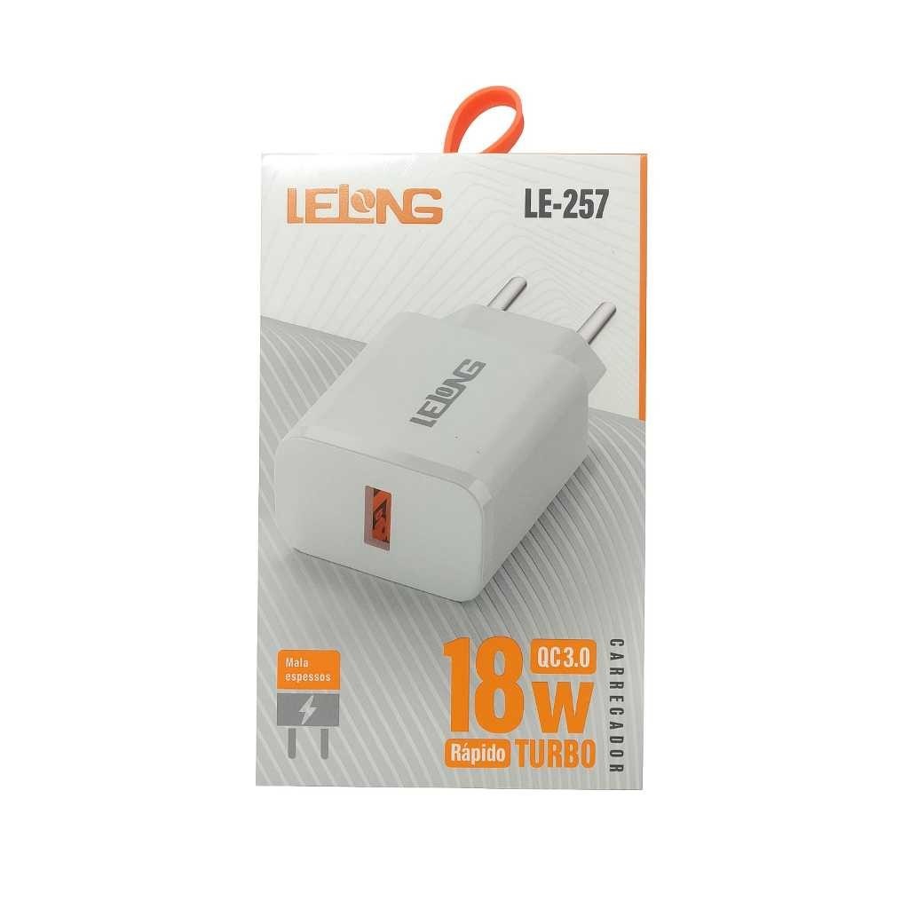 Carregador Lelong LE-257 Carregador Turbo 18W  QC 3.0 Rápido  Fonte Lelong  Carregador de Parede18W.