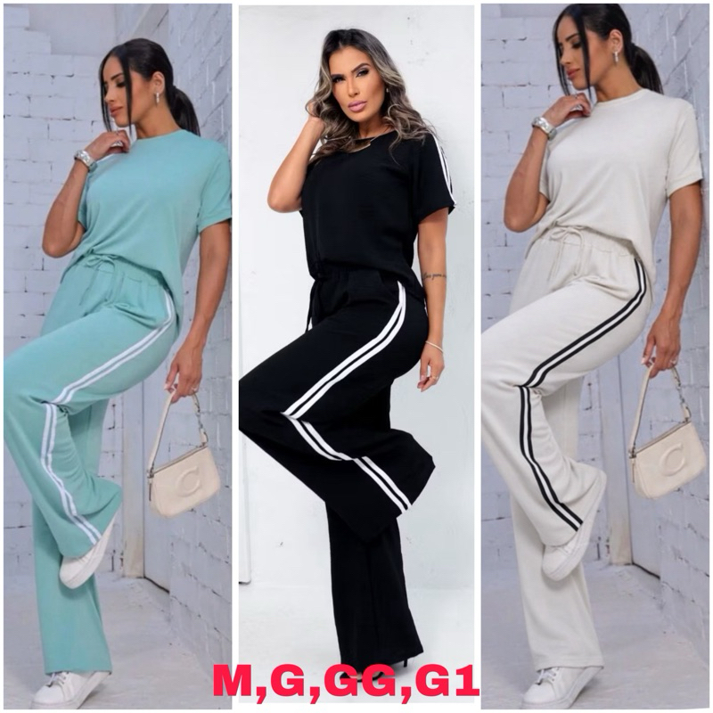 Conjunto Feminino Moletinho Calça com Bolso e Blusa Manga curta Com Elastano e Listra na Lateral. em Oferta na Shopee