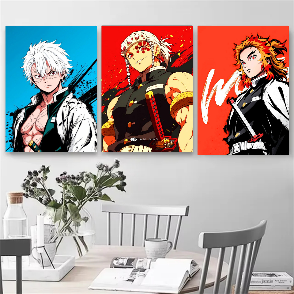 Kit 3 Quadros Placa Decorativo Anime Demon Slayer Kimetsu no Yaiba Tanjiro Rengoku Sanemi Cartaz Poster Geek 19x27