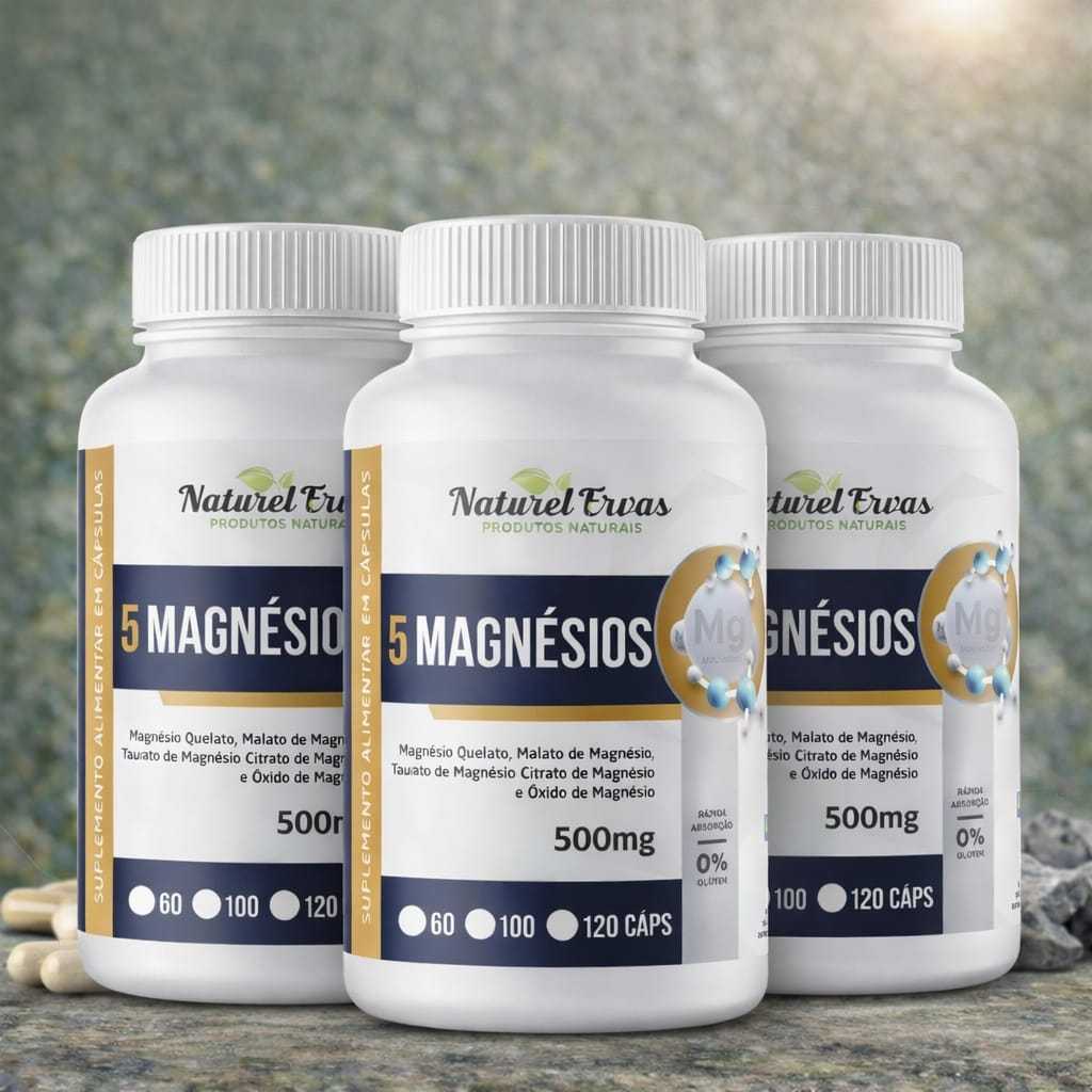 5 MAGNÉSIOS 120 cápsulas 500mg Magnésio Quelato, Malato, Turato, Citrato e Óxido