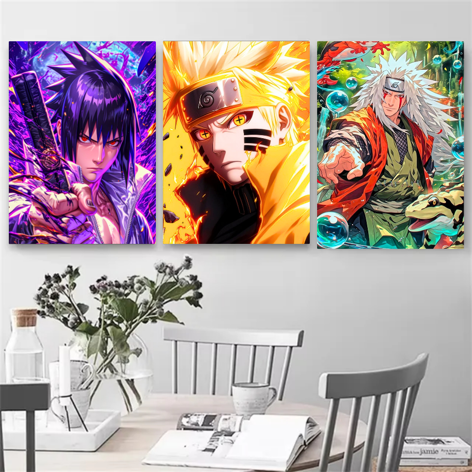 Kit 3 Quadros Placa Decorativo Anime Naruto Sasuke Jiraya Sakura Hinata Kakashi Cartaz Poster Geek 19x27