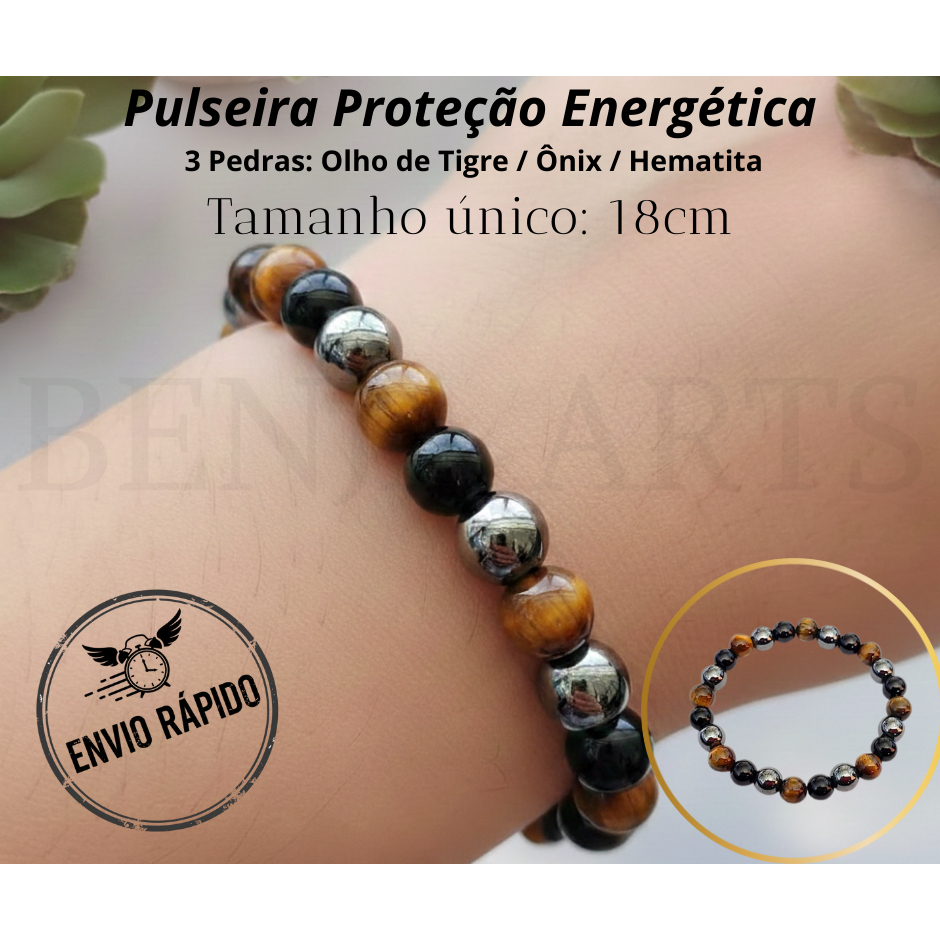 Pulseira de pedra natural Proteção Espiritual Olho de Tigre Ônix e Hematita Tamanho único 18cm em Oferta na Shopee