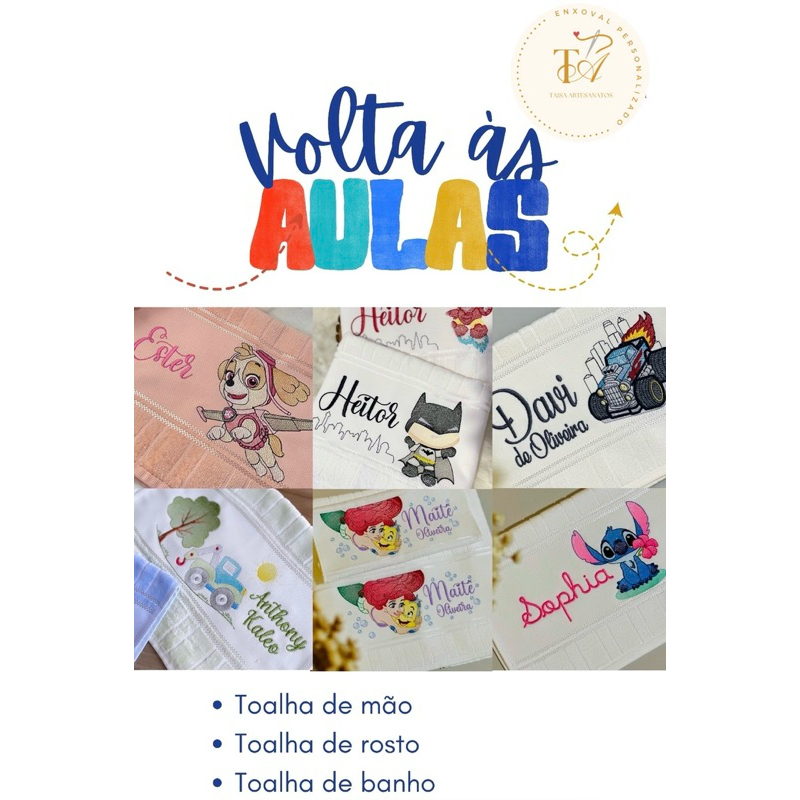 Toalha Escolar (LAVABO) Personalizada com Nome – Personagens em Oferta na Shopee
