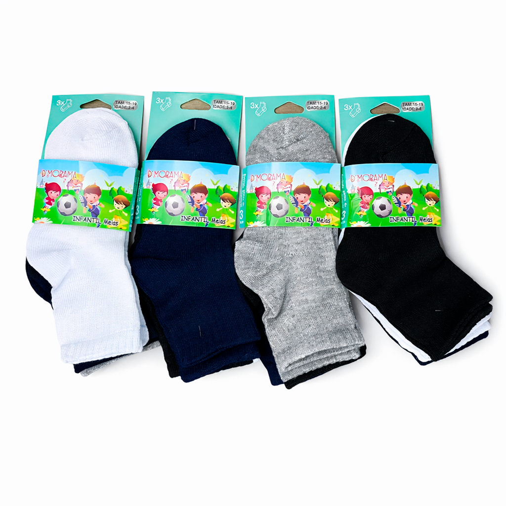 Kit Meia Infantil Escolar 6 Pares Unissex Cano Médio Algodão Branco e Preto Menino Menina Kit Meia Infantil Escolar 6 Pares Unissex Cano Médio Algodão Branco e Preto Menino Menina