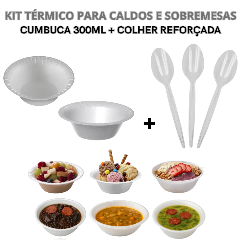 Cumbuca Térmica De Isopor 300ml + Colher De Refeição Descartável Para Sopas, Caldos E Sobremesas