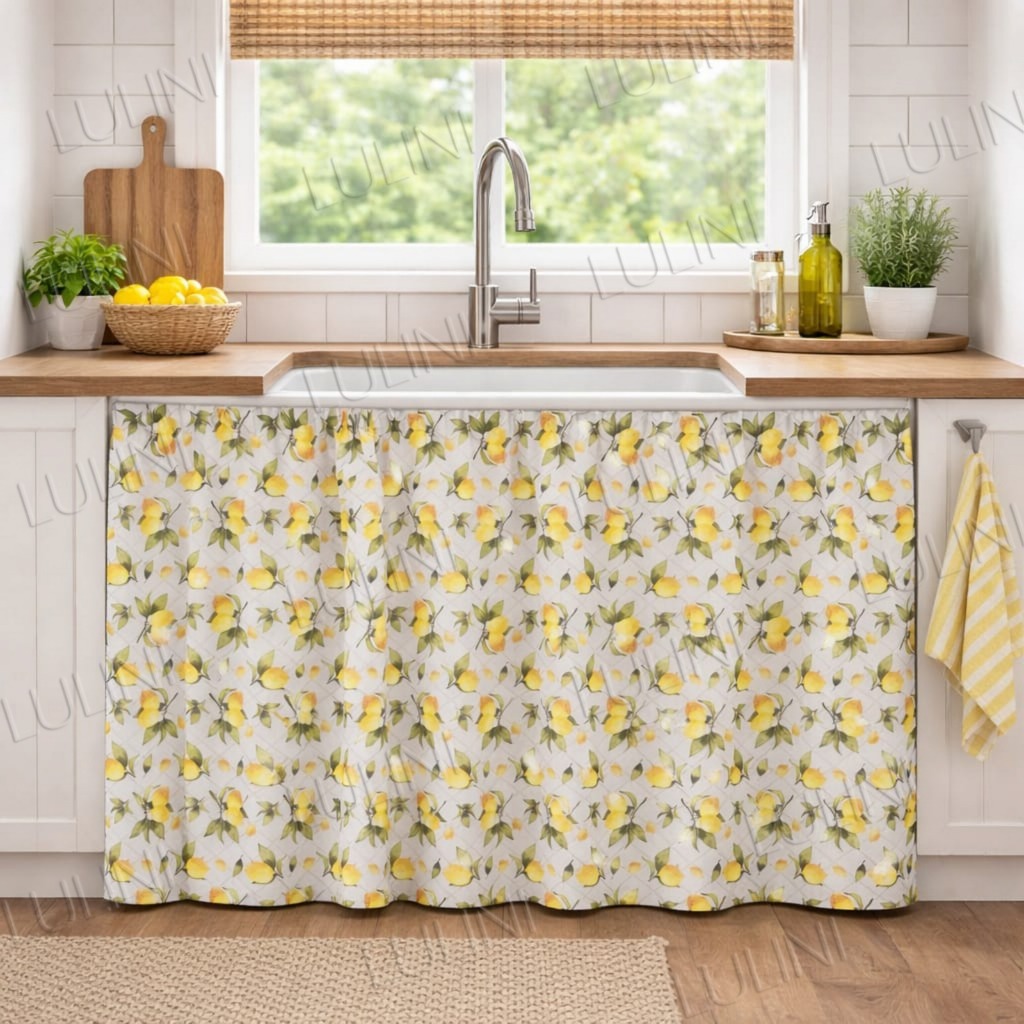 Cortina de Pia Cozinha Varão Estampada Tecido Oxford Lavável Casa Decoração