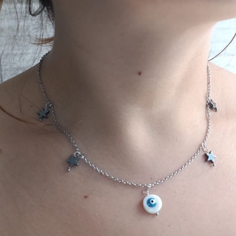 Colar aço inox corrente gargantilha  chocker pingente olho grego madrepérola e estrelas de hematitas