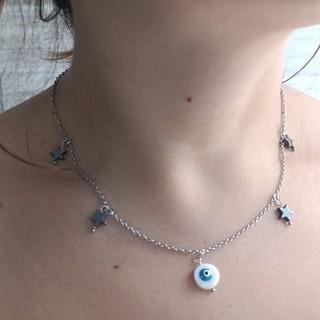 Colar aço inox corrente gargantilha  chocker pingente olho grego madrepérola e estrelas de hematitas
