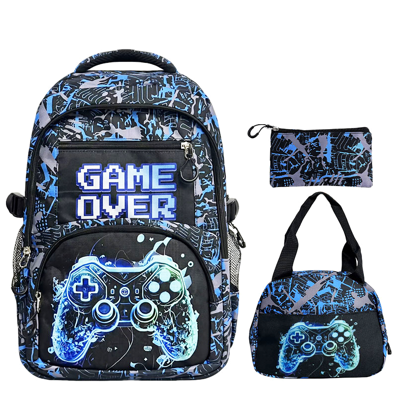 Mochila Escolar com 3 Peças - Tema Jogo (Game Over) - Mochila, Estojo e Lancheira - Ideal para Estudantes e Gamers em Oferta na Shopee
