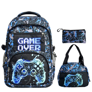Mochila Escolar com 3 Peças - Tema Jogo (Game Over) - Mochila, Estojo e Lancheira - Ideal para Estudantes e Gamers em Oferta na Shopee
