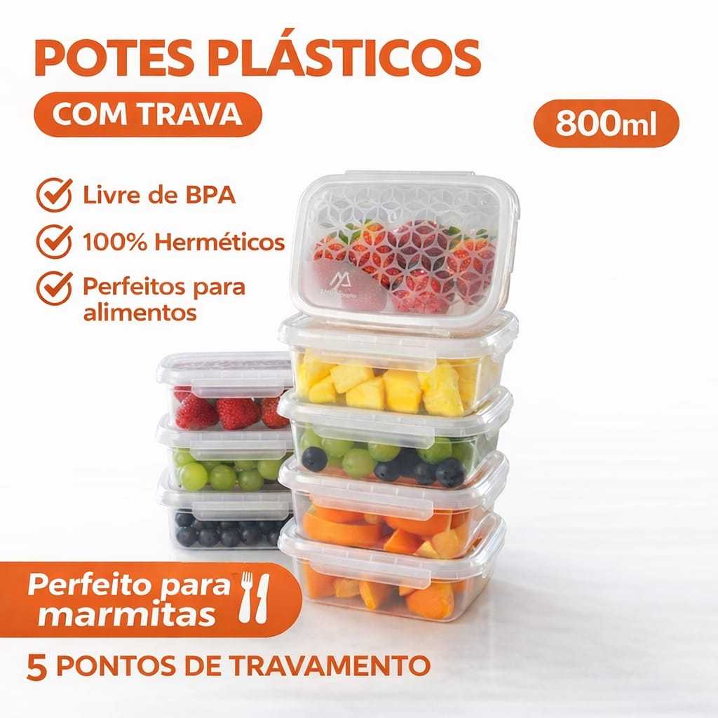 Kit 10 Marmita fitness Potes 800ml Travas Laterais  BPA FREE organizadores alimentos vasilhas em Oferta na Shopee