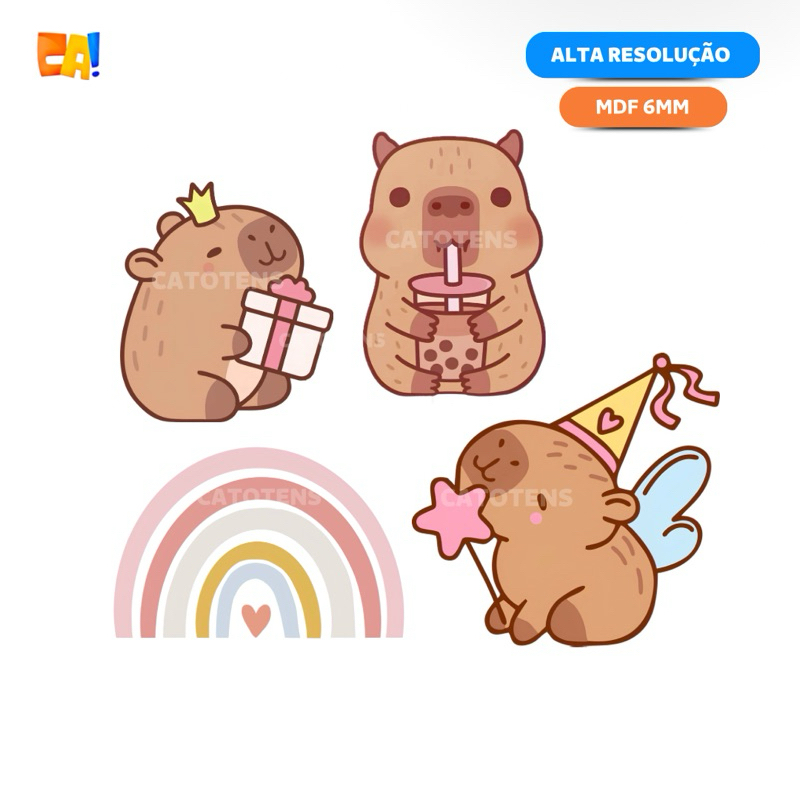 Kit 4 Displays Capivara cute Festa MDF 6mm e arco iris boho 40cm, 50cm e 60cm