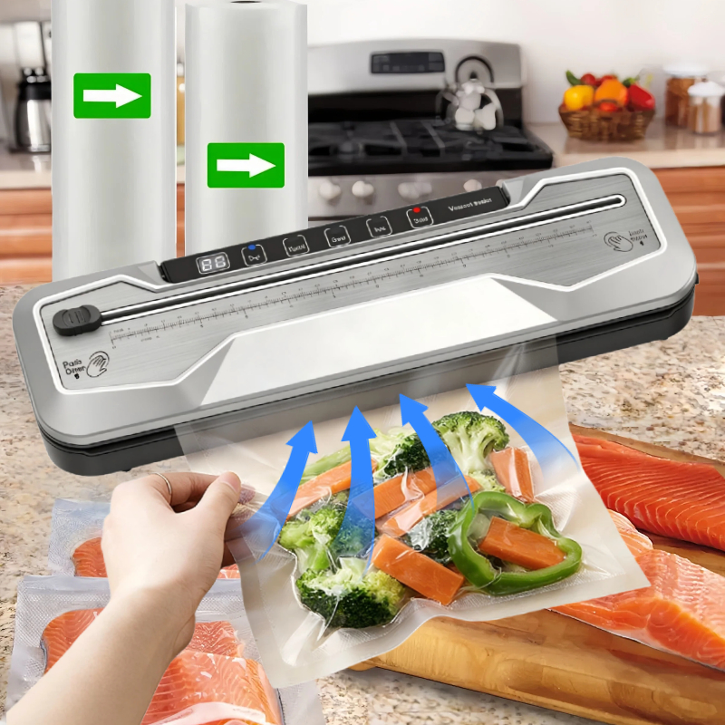 Máquina Seladora a Vácuo para Uso Seco e Úmido, 5 Modos, Inclui Cortador, Sucção Externa e Kit Completo