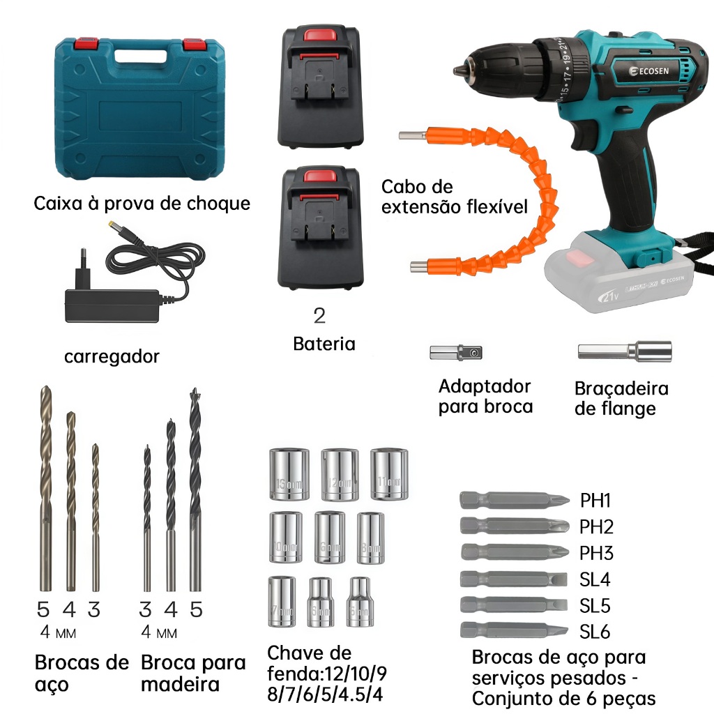 Furadeira de Impacto Sem Fio 21V Bivolt com 2 Baterias — foto 9