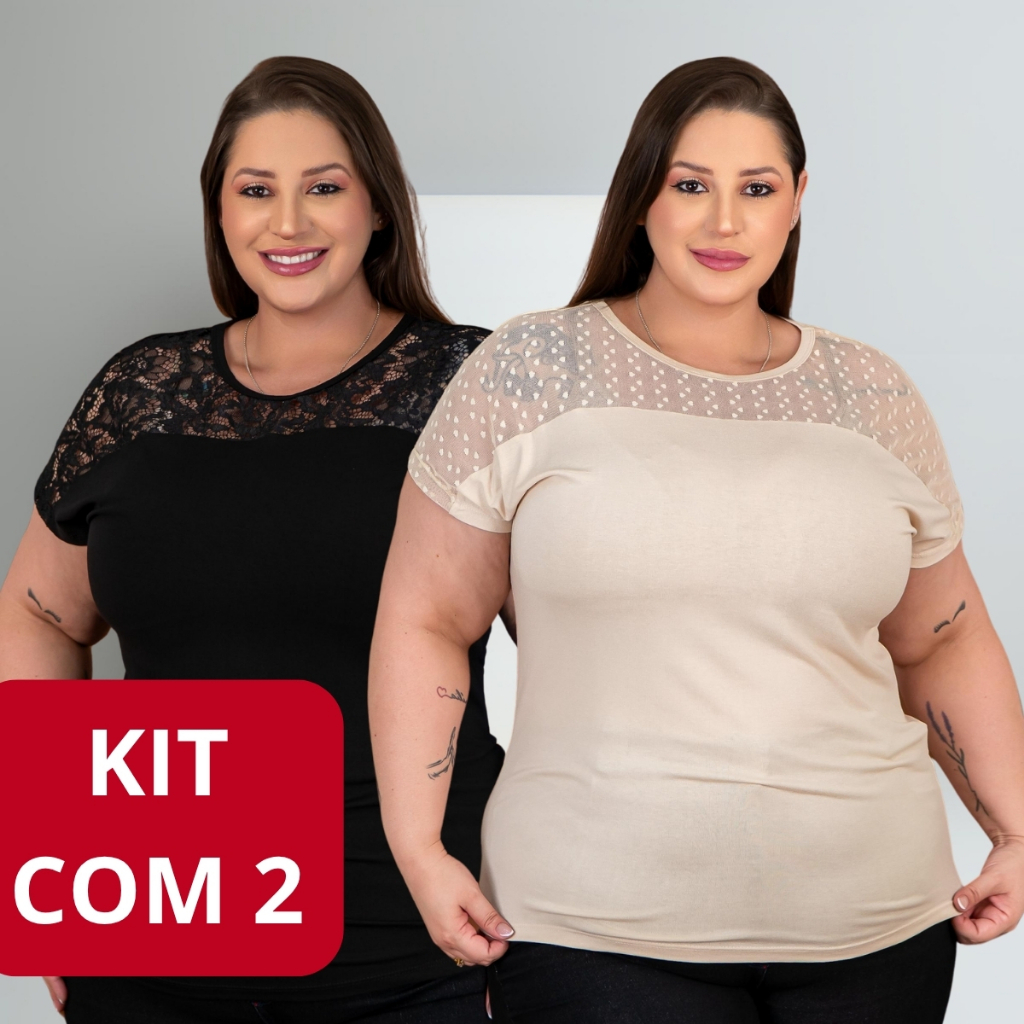 Kit 2 Blusa Plus Size Feminina Viscolycra com Renda no Decote | Básica, Confortável e Elastano