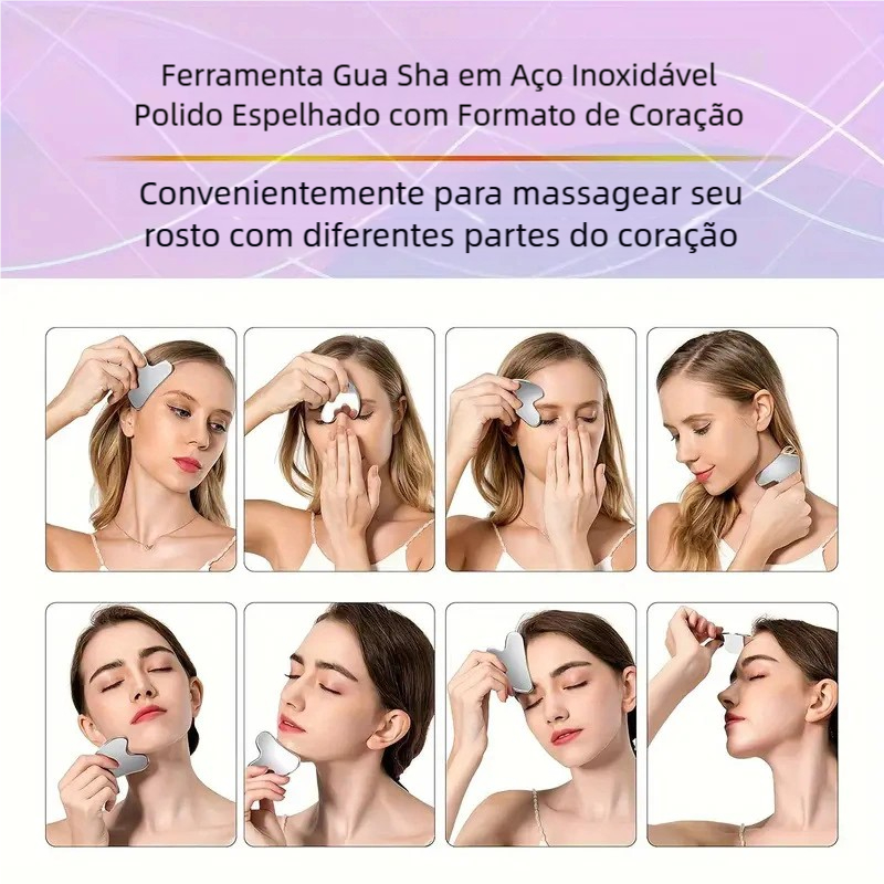 Massagem Firmadora Facial – Gua Sha Aço Inoxidável + Bolsa Portátil