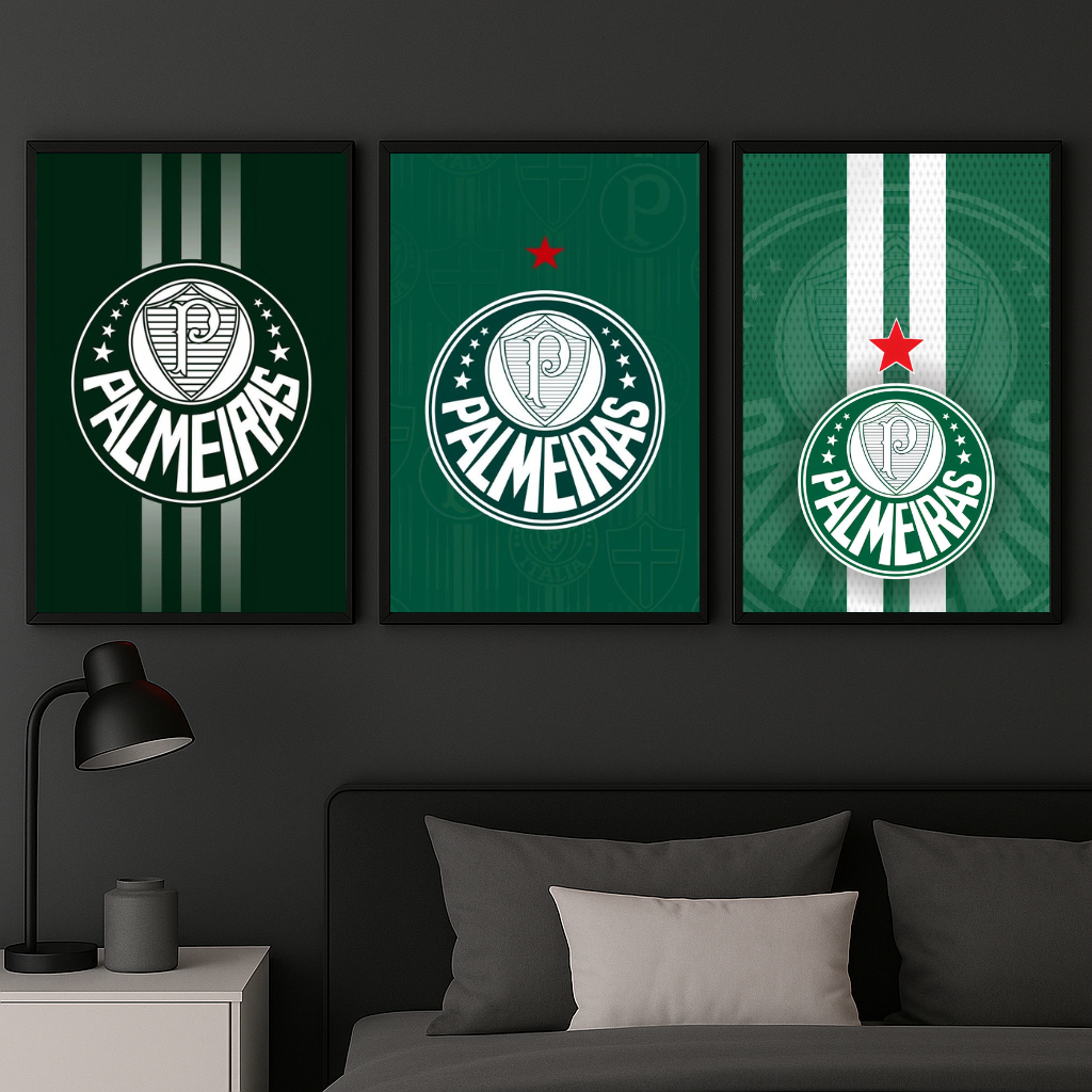 Kit 3 Quadros Decorativo Palmeiras Escudo Clássico