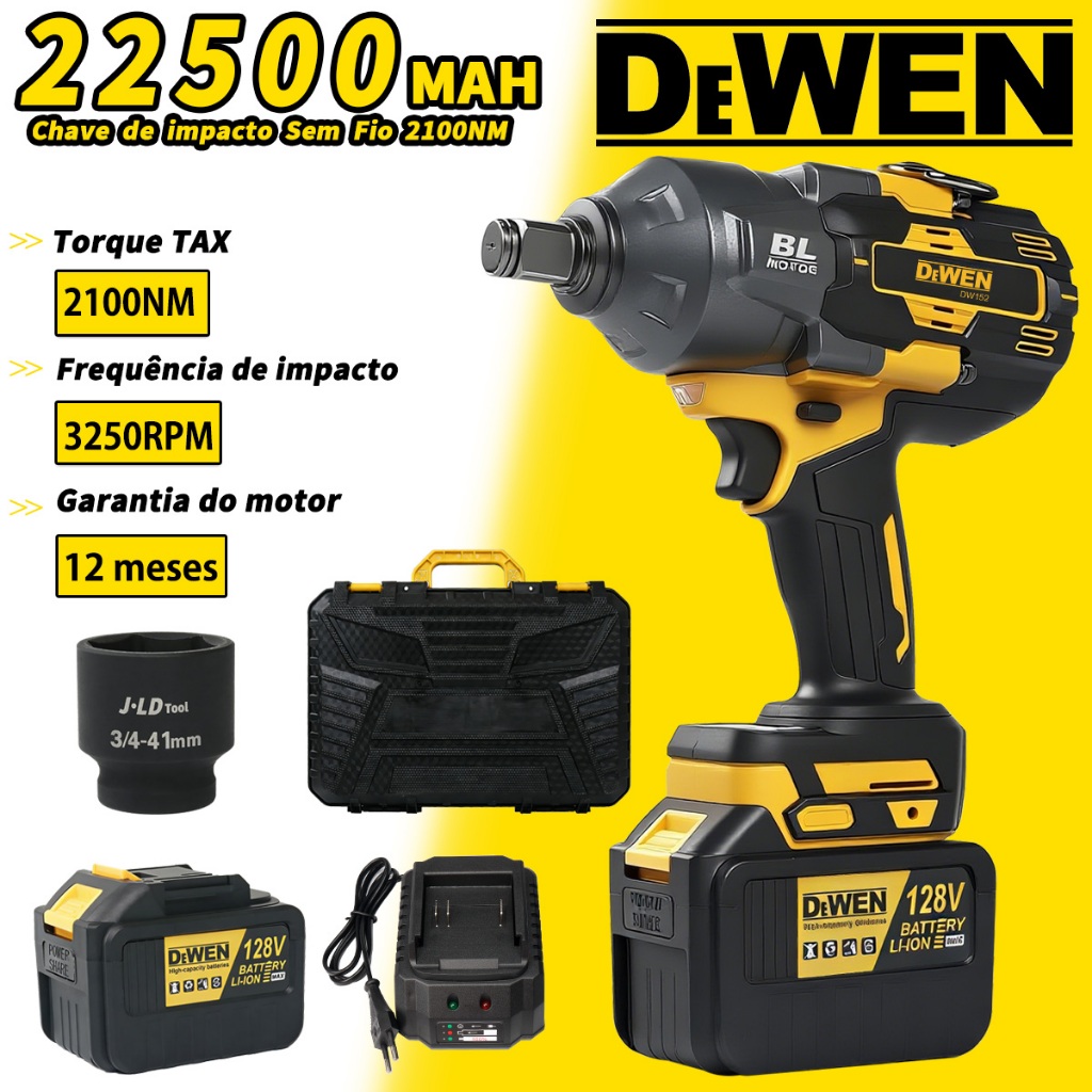 Chave De Impacto Sem Fio Elétrica 2100NM,22500MAH,1 Bateria 128V ,3250rpm com Acessórios,DEWEN