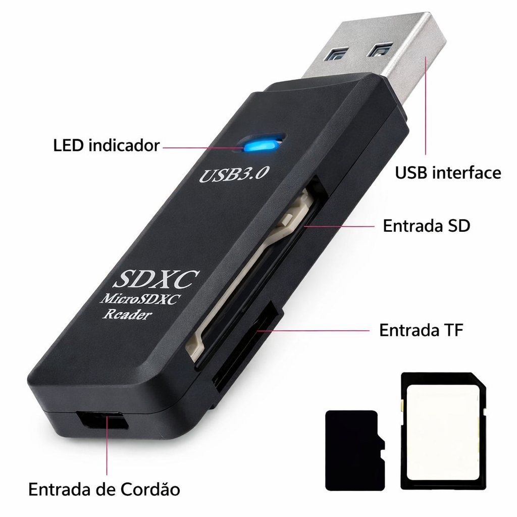 Leitor de Cartão USB 3.0 Dual Slot 2 em 1 SD/Micro SD TF Compatível com SDHC, SDXC e MMC - Windows, Mac e Linux