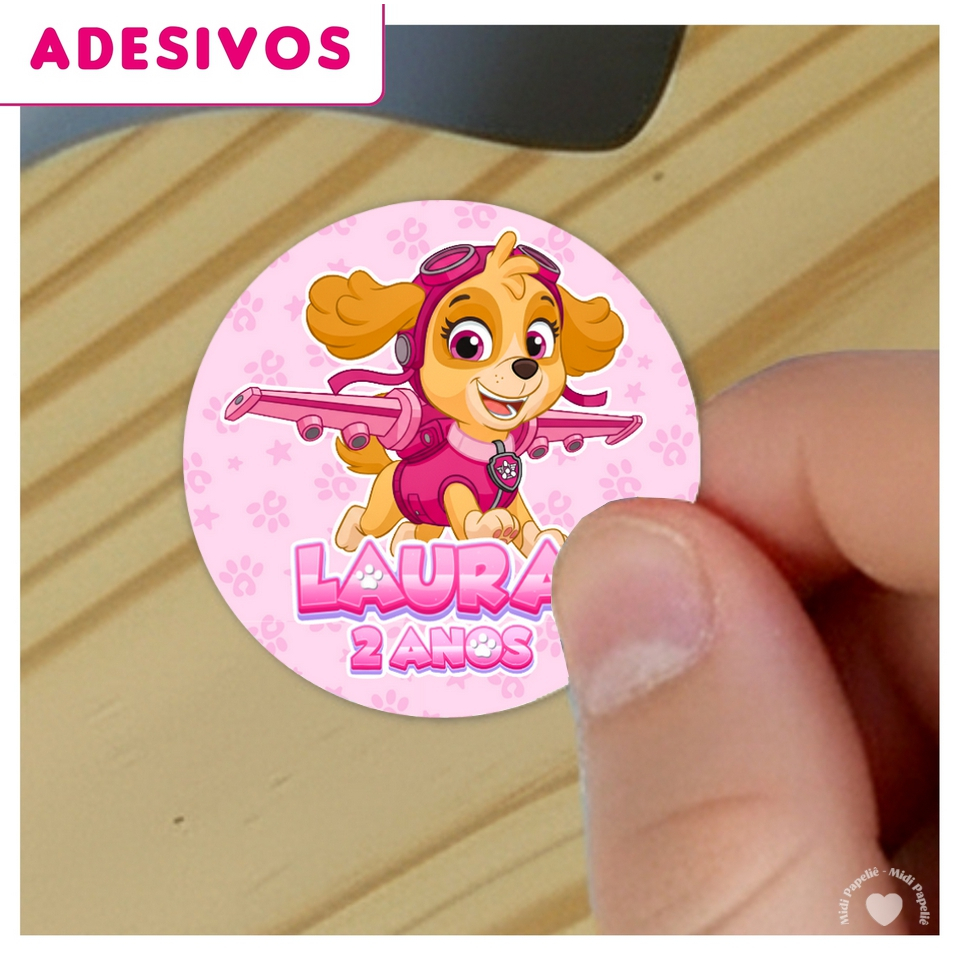 100 Adesivos Skye Patrulha Canina Nome e idade Personalizado adesivo redondo 5x5 Festa de aniversário Infantil
