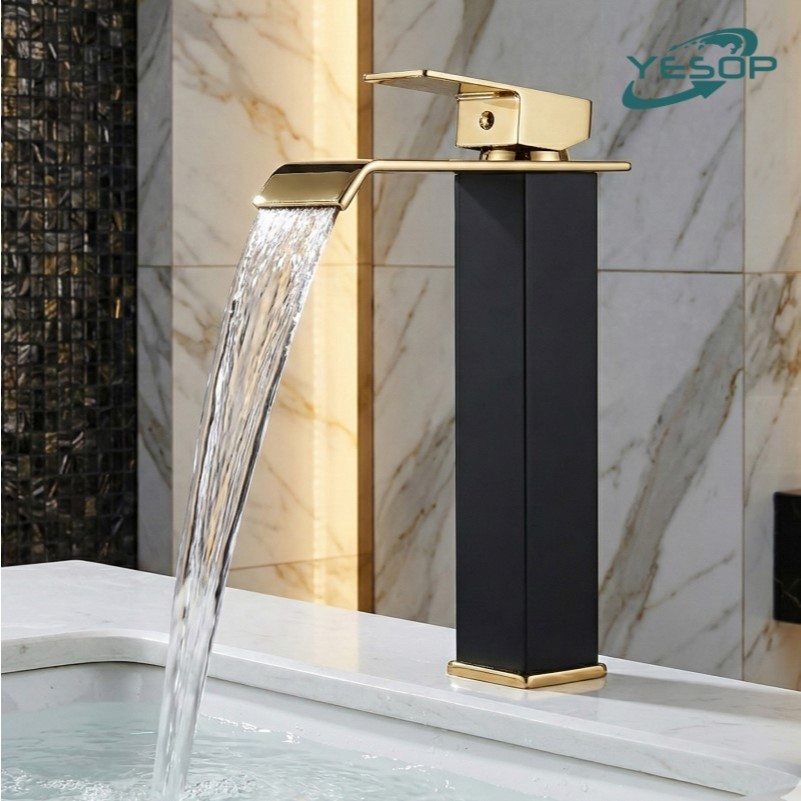 Torneira Preta Dourada Banheiro Misturador Monocomando Bica Alta Lavabo Luxo 30cm Yesop em Oferta na Shopee
