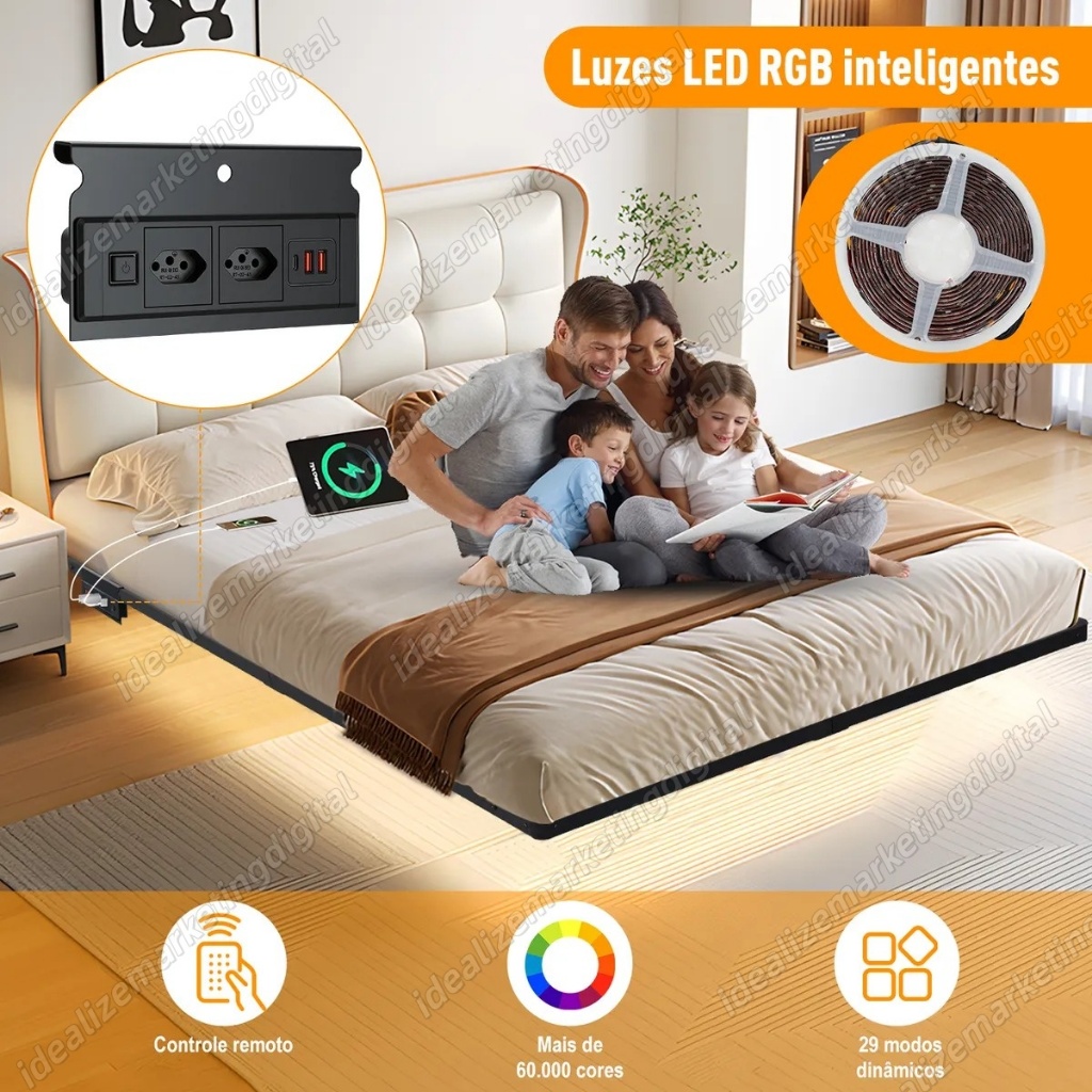 Estrutura De Cama De Metal Flutuante Casal C/tomada+rgb Led Preto Hot Wheels 190