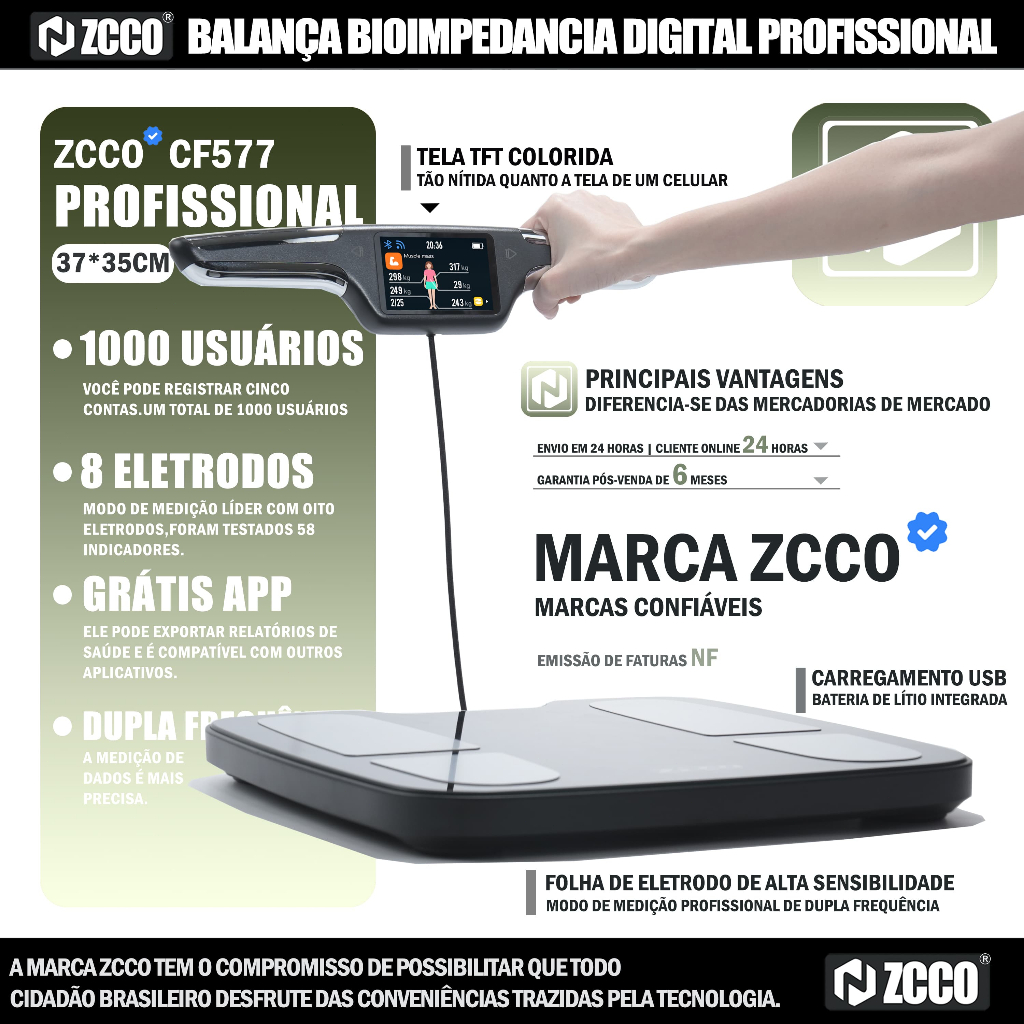 Zcco CF577 Balança Bioimpedância Digital 8 Eletrodos Smart App