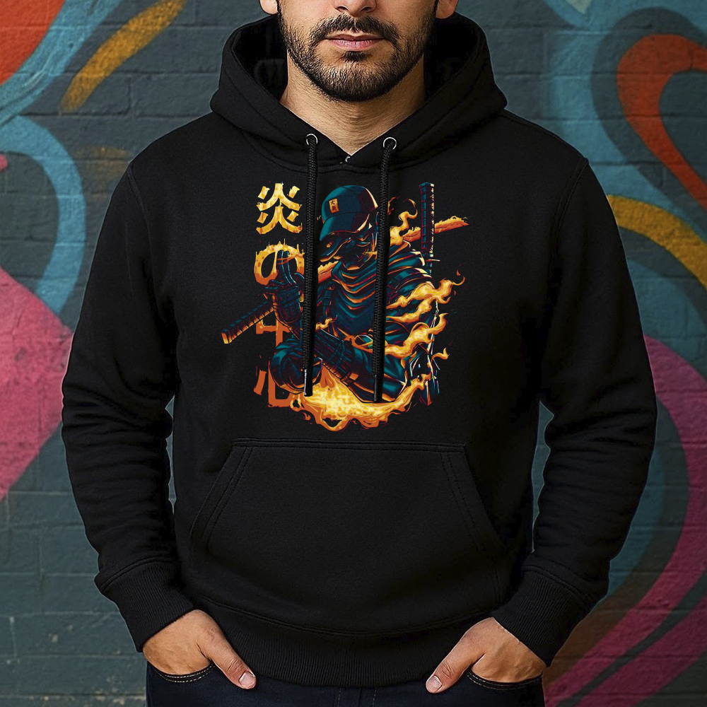 Blusa de Moletom Estampada Samurai em Chamas Canguru Masculina Confortável Do Tamanho P ao GG