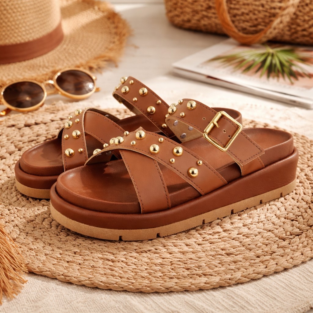 Sandália Papete Feminina Plataforma Marrom Caramelo com Fivela Tiras X Metal Dourado Elegante Confortável Essenza Loja