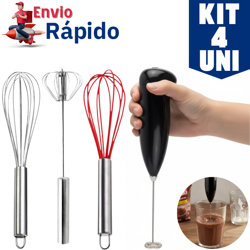 Kit 4, 3 ou Unitario Utensilio Fouet Fue Inox + Fouet Fue De Silicone + Mixer Semi Automatico Inox + Mixer Automatico