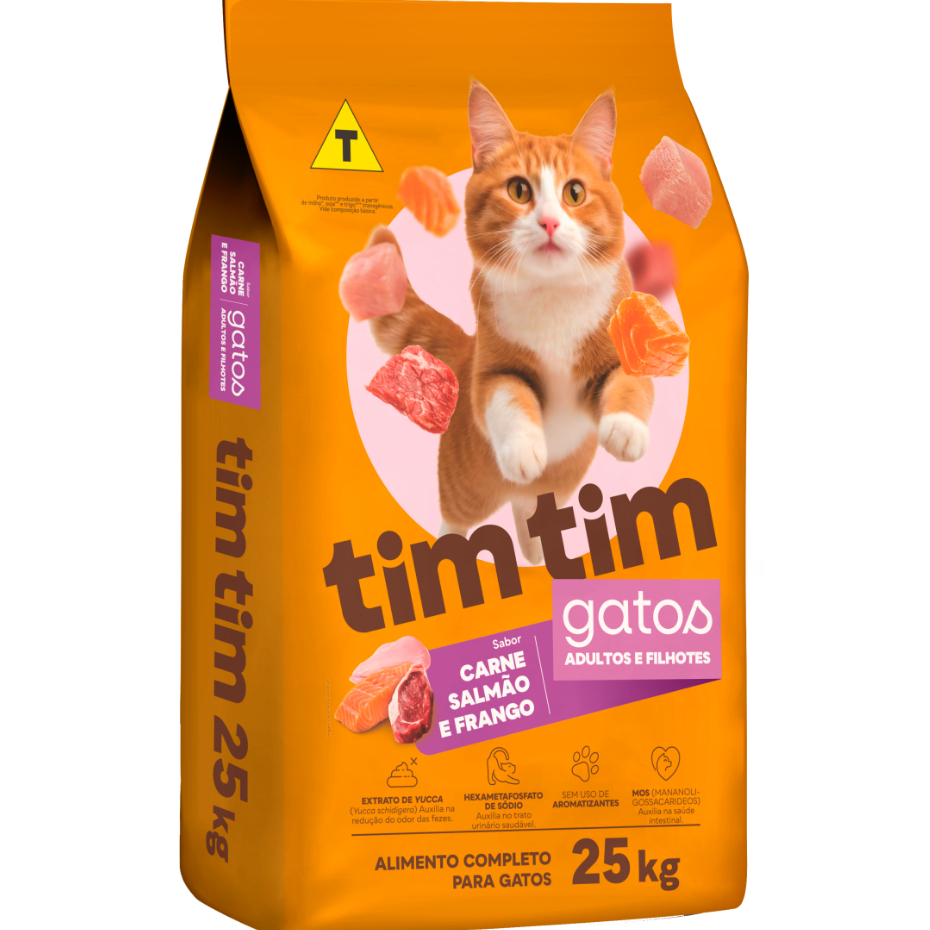 Ração Para Gatos Premium (Filhote/Adulto) Sabor Carne, Salmão E Frango 25kg - Tim Tim Cat em Oferta na Shopee