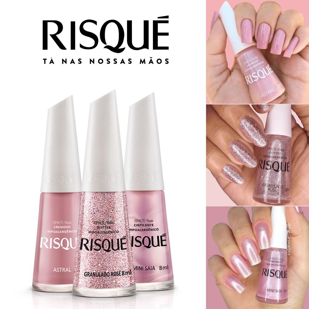 3 Esmaltes Risqué Tons Rosa Esmalte Atacado
