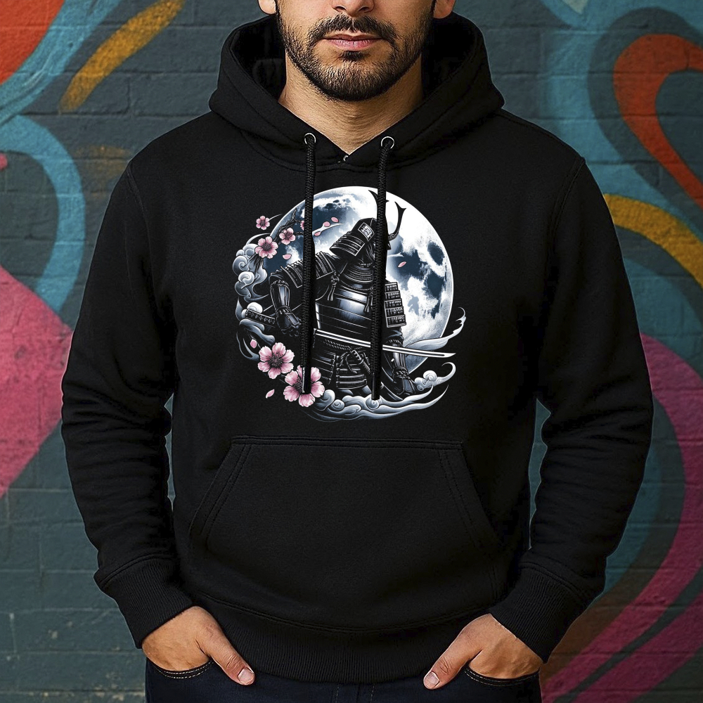 Blusa de Moletom Estampada Samurai na Lua Canguru Masculina Confortável Do Tamanho P ao GG