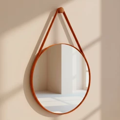 Espelho Decorativo Redondo Banheiro + Suporte de Parede 60cm Adnet Suspenso C/ Alça em Couro