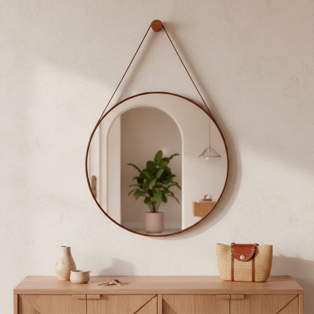 Espelho Adnet 60cm Redondo Decorativo Alça de Couro + Pino Pendurador - Casa Domo em Oferta na Shopee