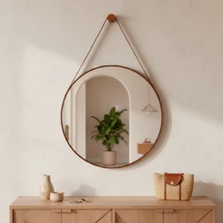 Espelho Adnet 60cm Redondo Decorativo Alça de Couro + Pino Pendurador - Casa Domo