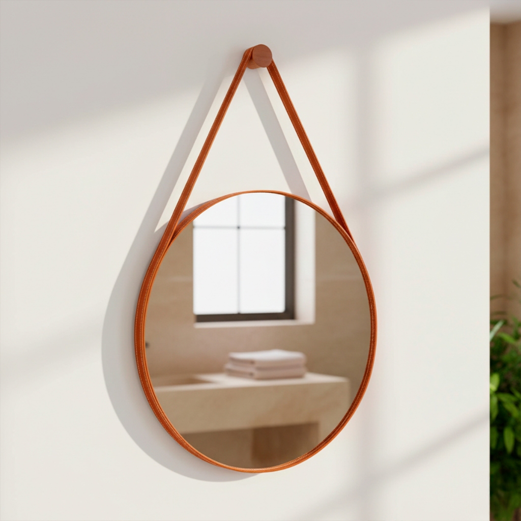 Espelho Grande Redondo De Parede Para Lavabo Quarto Sala Banheiro C/ Alça Em Couro 60cm + Suporte em Oferta na Shopee