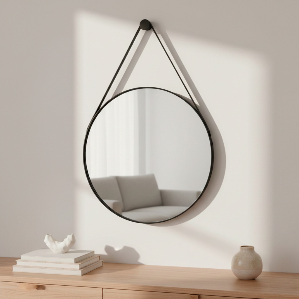 Espelho Moderno De Parede Decoração Sala Banheiro c/ Alça em Couro +Suporte de Fixação - 30cm em Oferta na Shopee