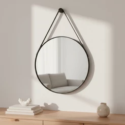 Espelho Moderno De Parede Decoração Sala Banheiro c/ Alça em Couro +Suporte de Fixação - 30cm