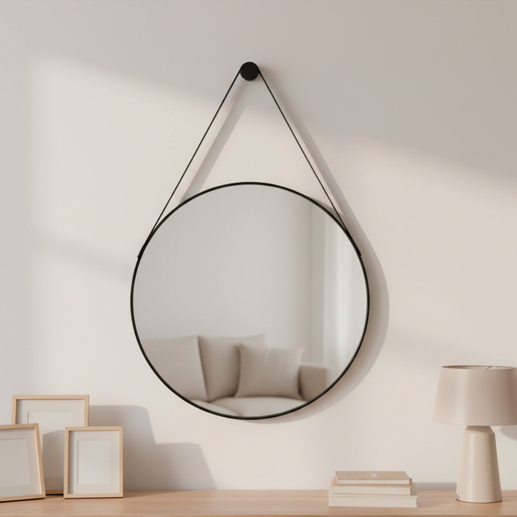 Espelho Adnet 60cm Redondo Decorativo Alça de Couro + Pino de fixação - Casa Domo em Oferta na Shopee