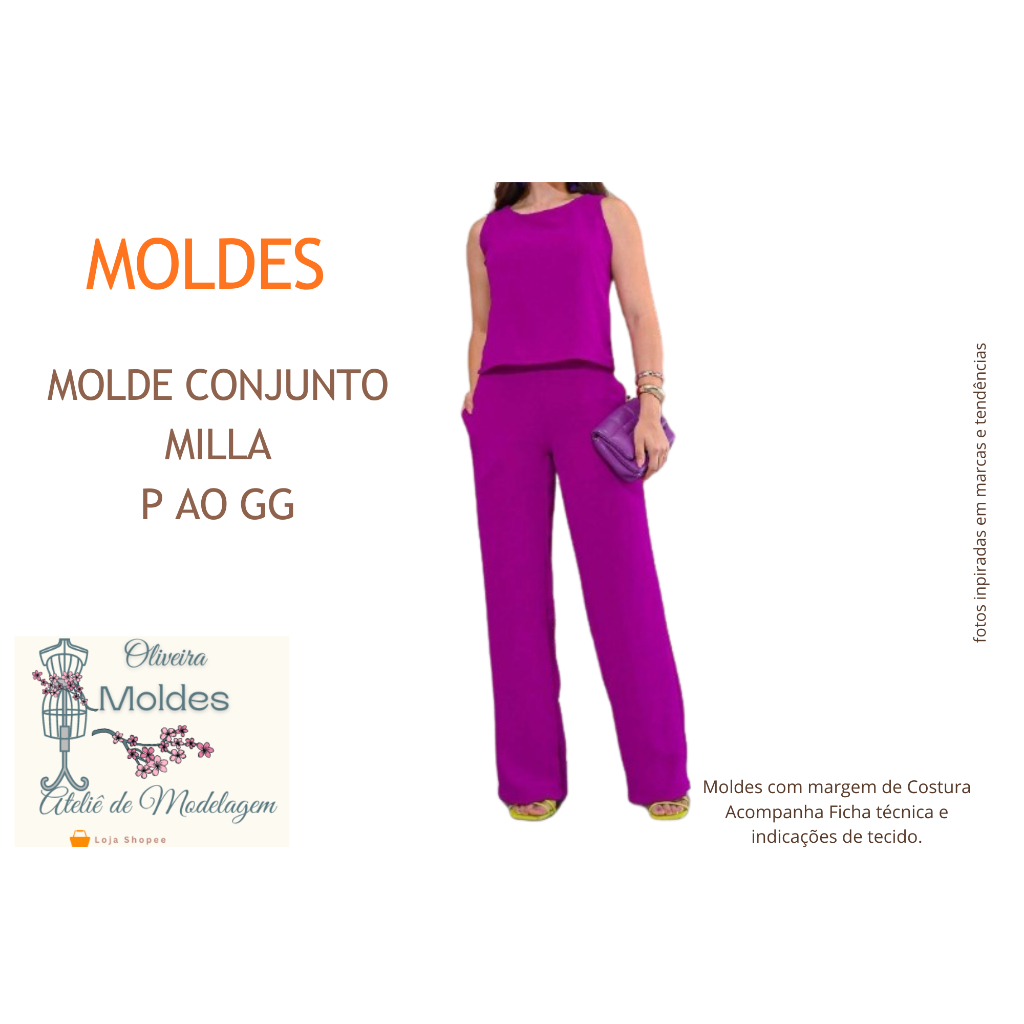 MOLDE CONJUNTO ALFAIATARIA  MILLA CALÇA E REGATA GRADE P AO GG MOLDE EM TAMANHO REAL PAPEL 120g