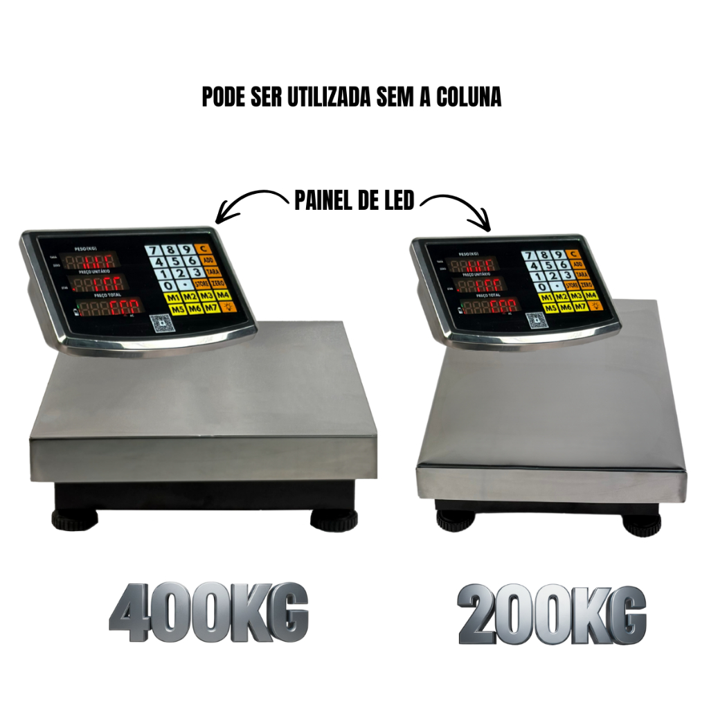 Balança Plataforma Digital 200kg 30x40cm e 400kg 40x50cm Inox Mastro Dobrável ou Desmontável Bateria Recarregável Bivolt
